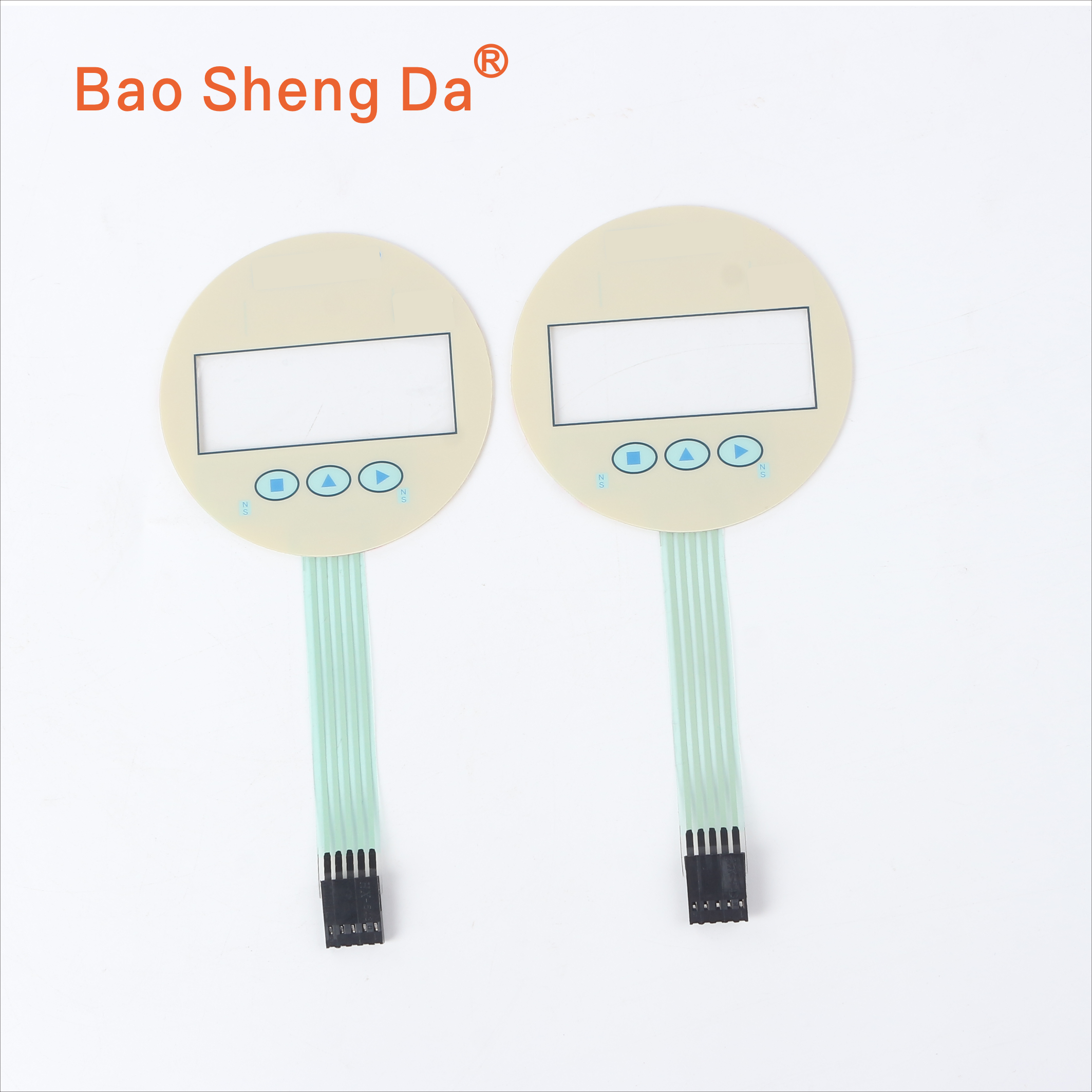 Two complete matching control-panel samples with printed faces, display windows, key zones, flexible tails and connectors
