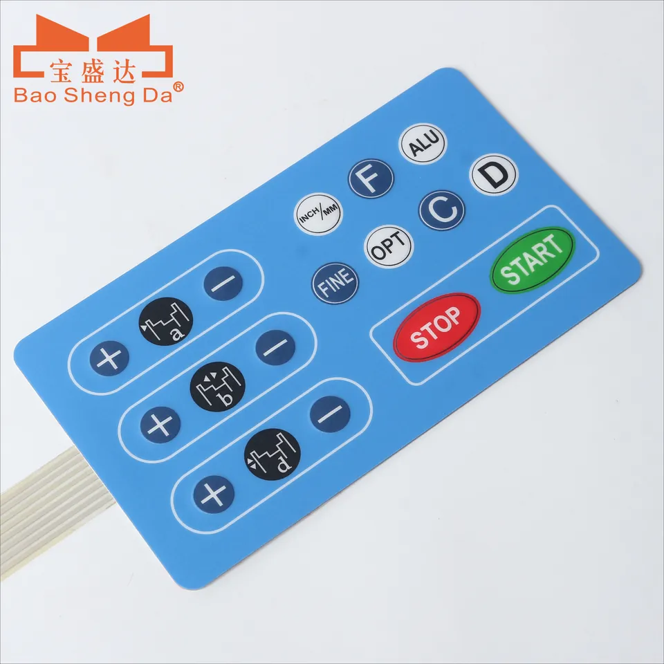 Complete blue HMI membrane switch panel with function keys, start and stop buttons, flexible tail