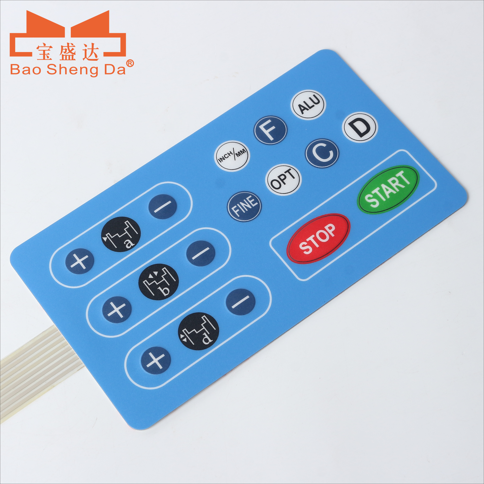 Complete blue HMI membrane switch panel with function keys, start and stop buttons, flexible tail