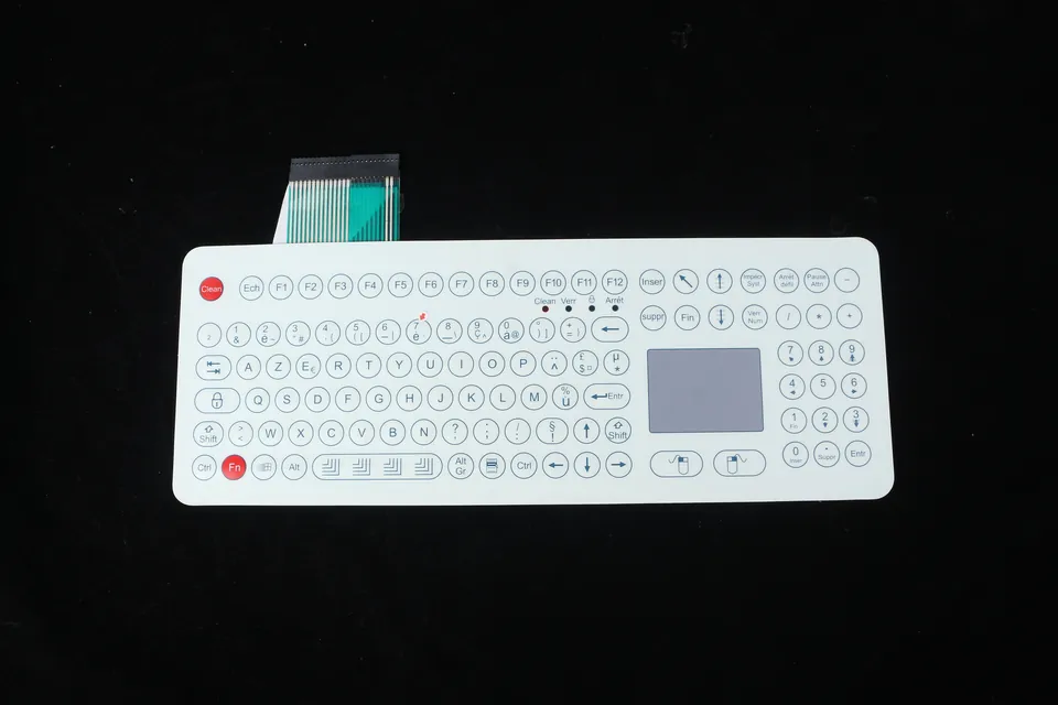 Complete membrane keyboard panel with key fields, touchpad, full flexible tail and connector