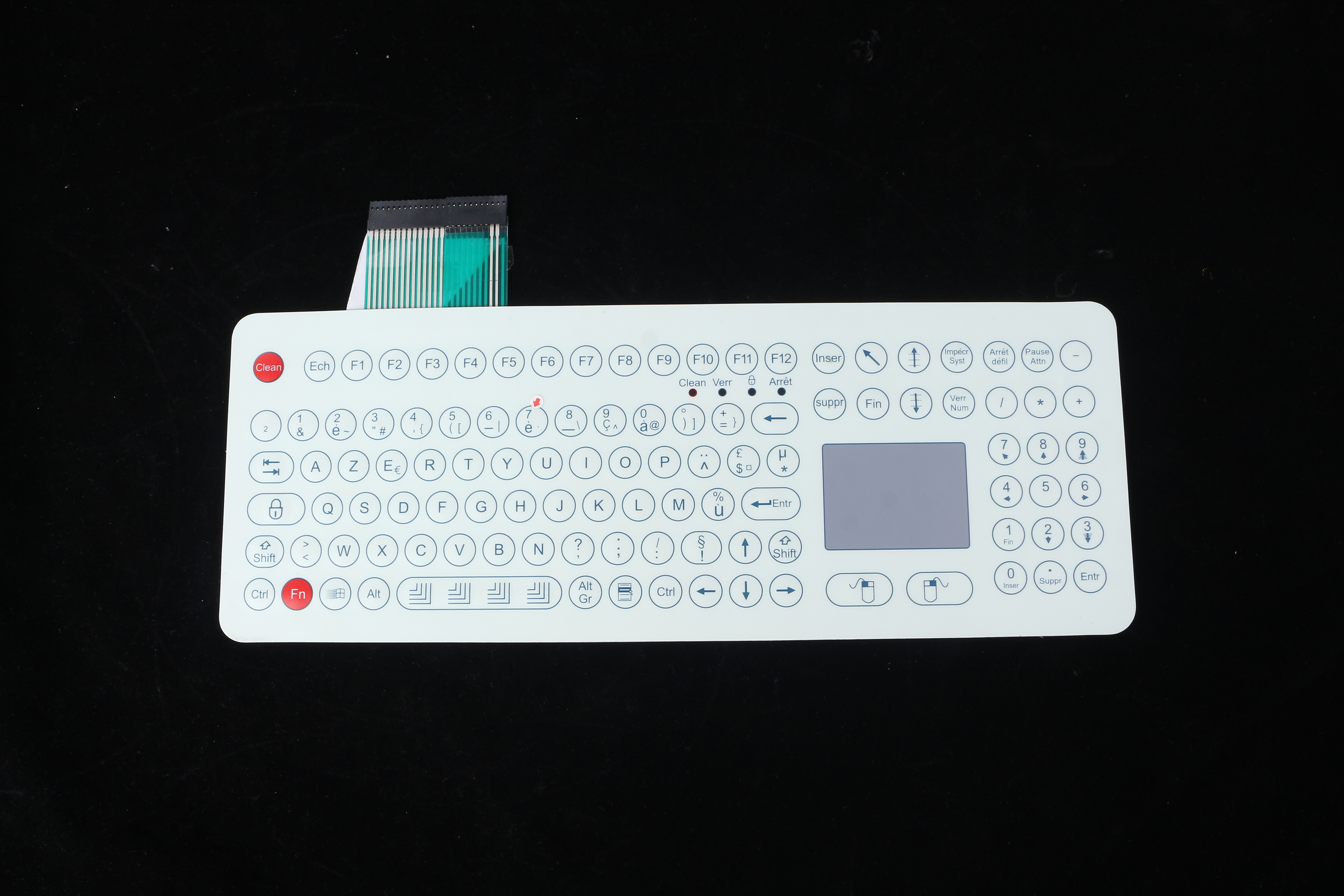 Complete membrane keyboard panel with key fields, touchpad, full flexible tail and connector