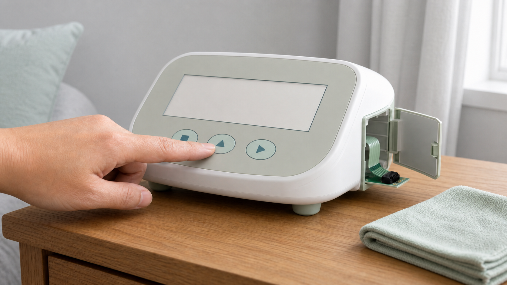 Application scene showing a home-use medical-device HMI sample, caregiver key press, flexible tail, connector and cleaning cloth