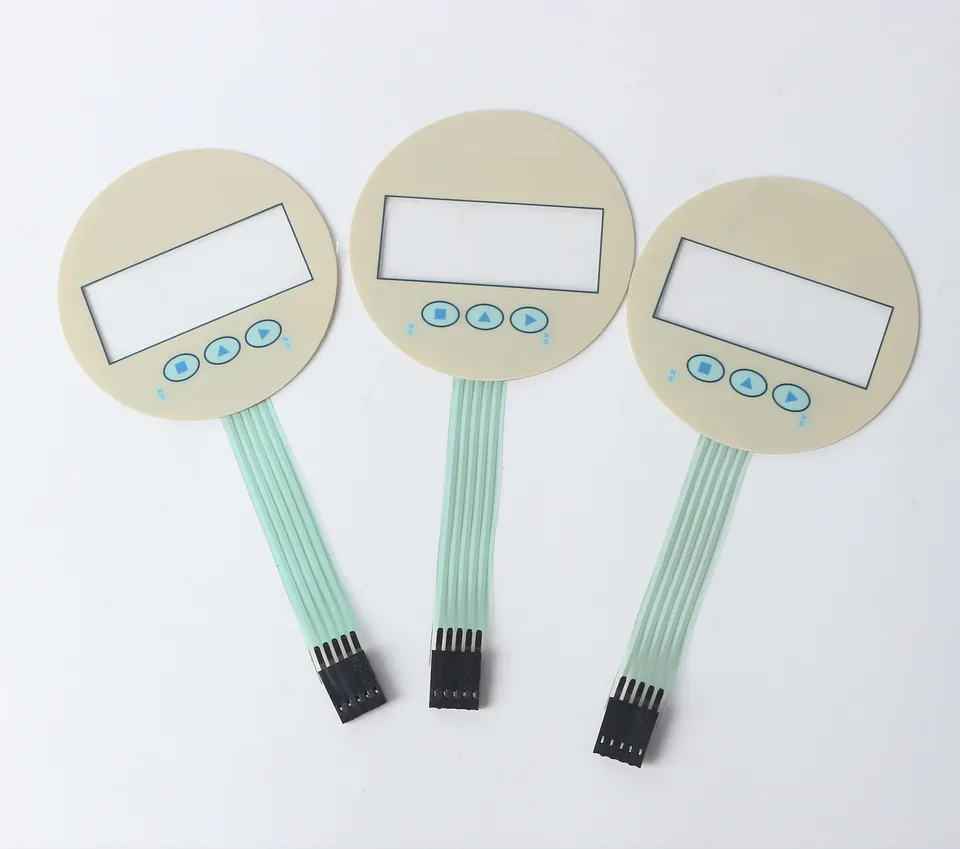 Three complete circular membrane-switch HMI samples with display windows, three keys and full flex tails