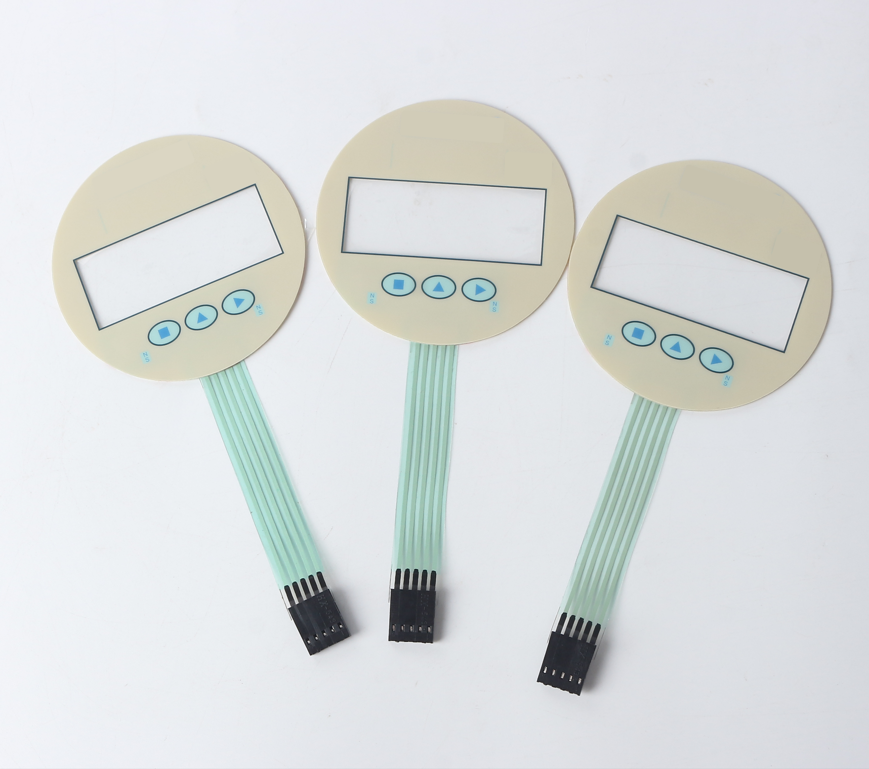 Three complete circular membrane-switch HMI samples with display windows, three keys and full flex tails