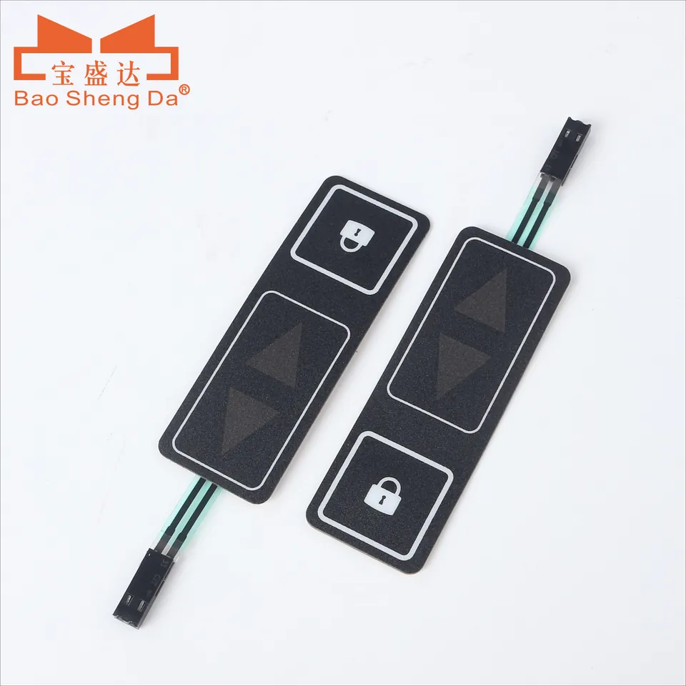 Two black automotive membrane switch panels with vehicle lock, open-lock and directional icons, flexible tails and connectors