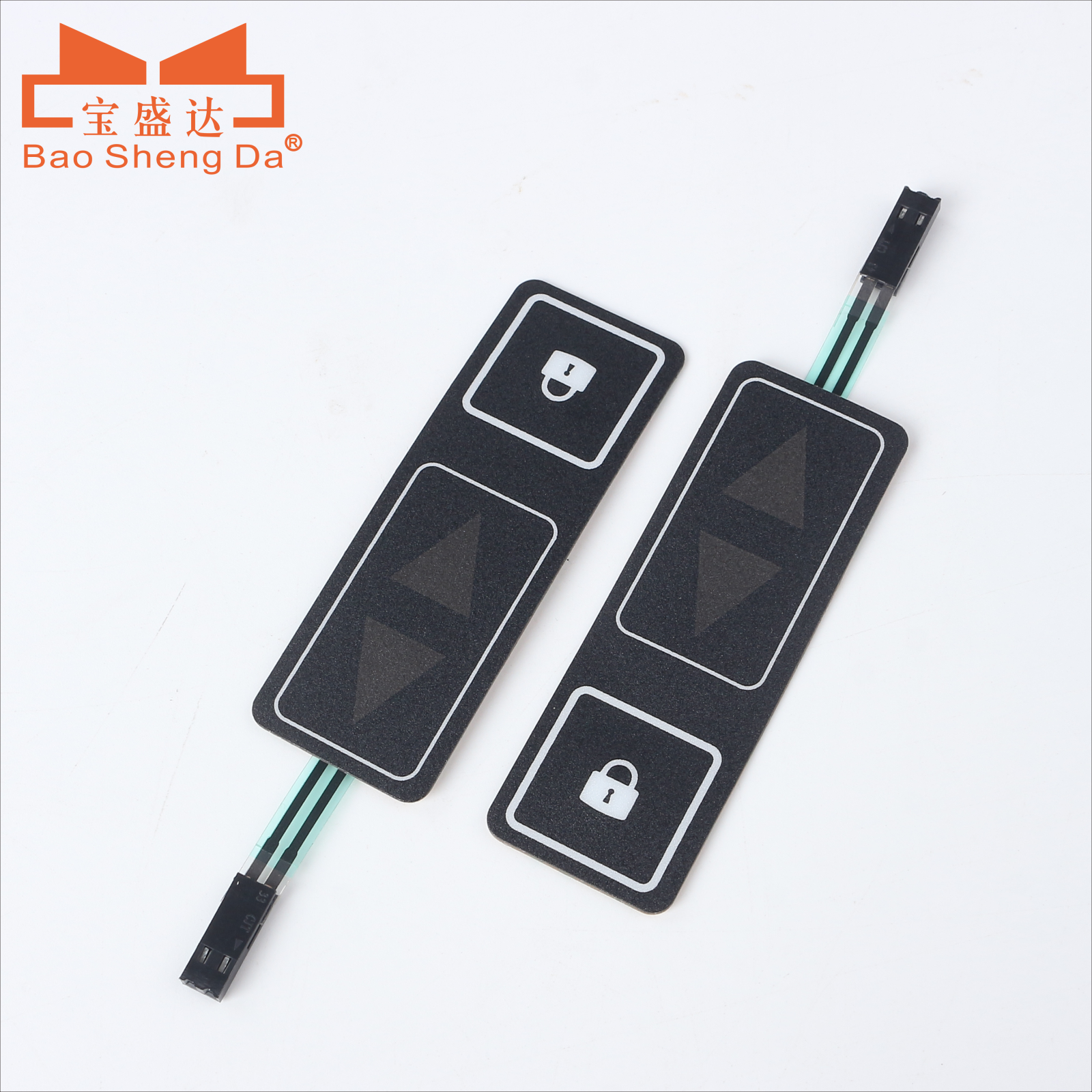 Two black automotive membrane switch panels with vehicle lock, open-lock and directional icons, flexible tails and connectors
