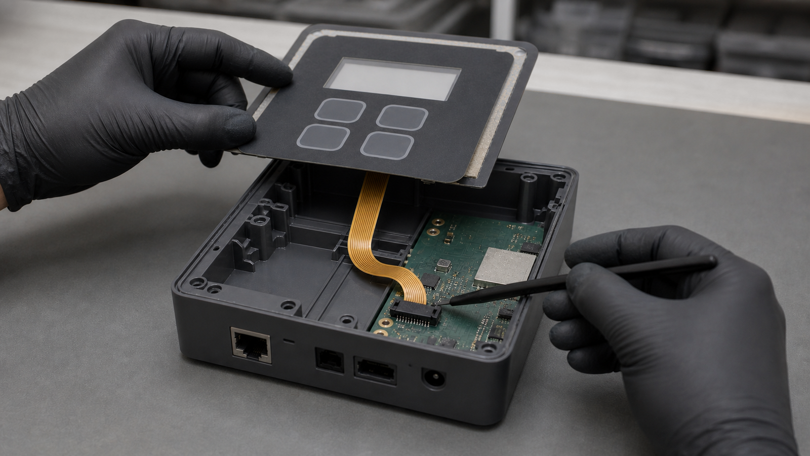 Engineering scene of an industrial IoT FPC membrane interface supplier-transfer service check with the full tail route and connector visible
