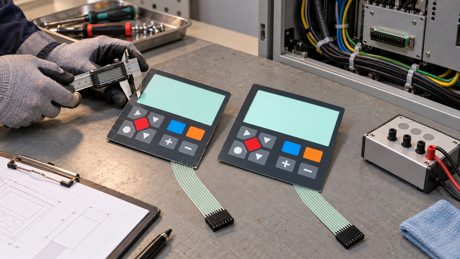 Generated engineering scene comparing an old and new industrial service membrane keypad with complete tails and connectors during supplier-transfer inspection