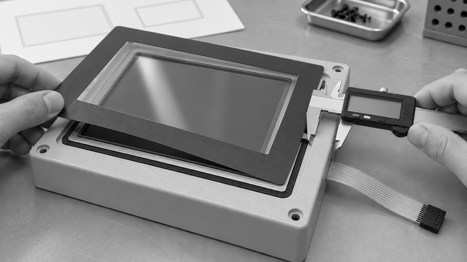 Generated engineering scene of an industrial touchscreen overlay, blank display module, enclosure bezel, unmarked caliper and flexible tail
