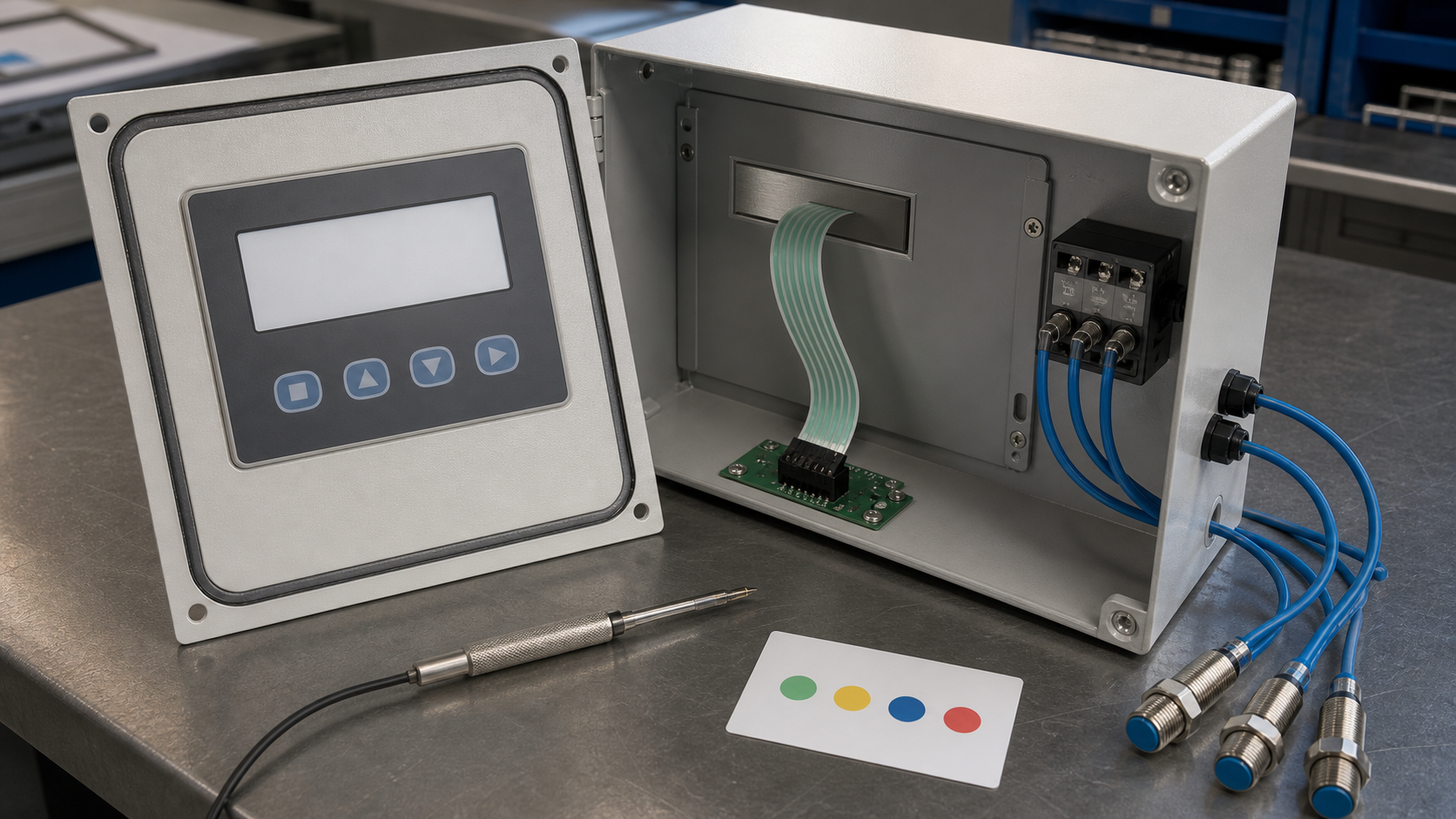 Engineering scene showing an industrial IO-Link retrofit HMI sample, open enclosure, flexible tail, connector and separate sensor leads
