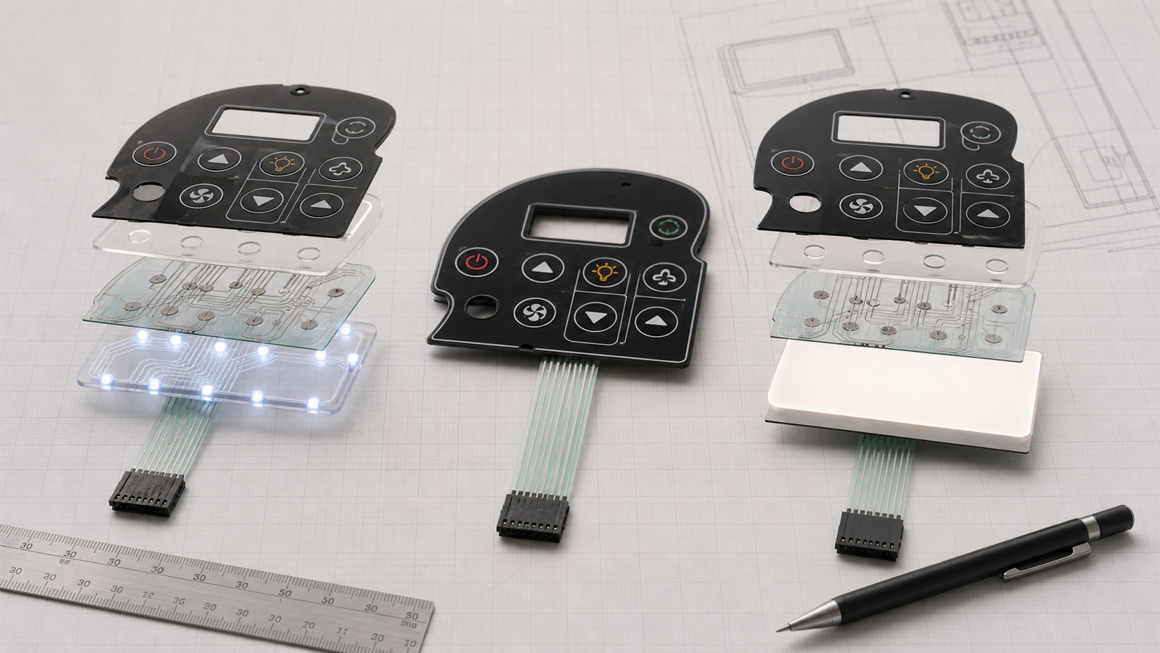 Exploded technical review scene showing a custom backlit membrane switch panel with illuminated layer stack and engineering drawing background