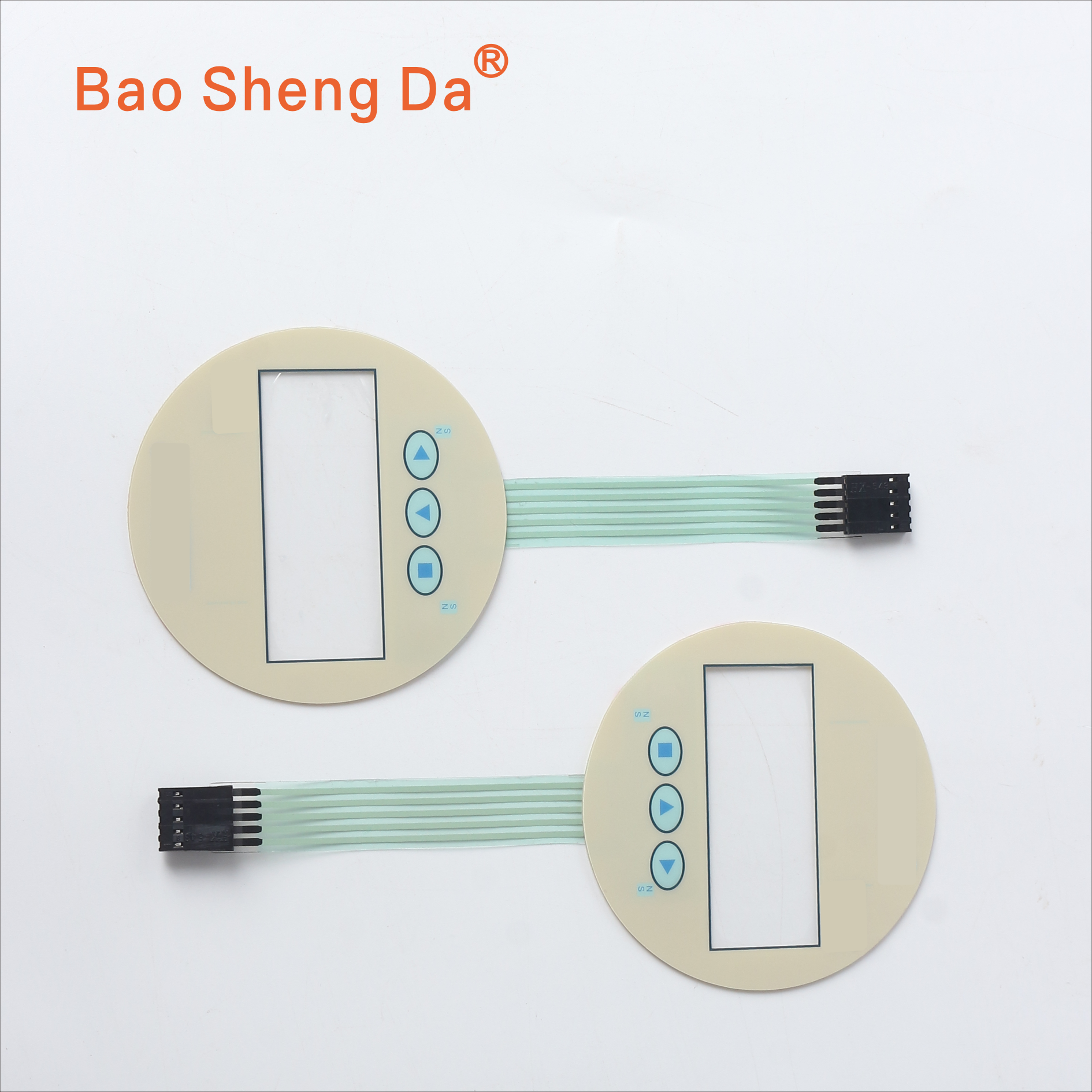 Two complete round membrane switch panels with display windows, key zones, full flexible tails and connectors