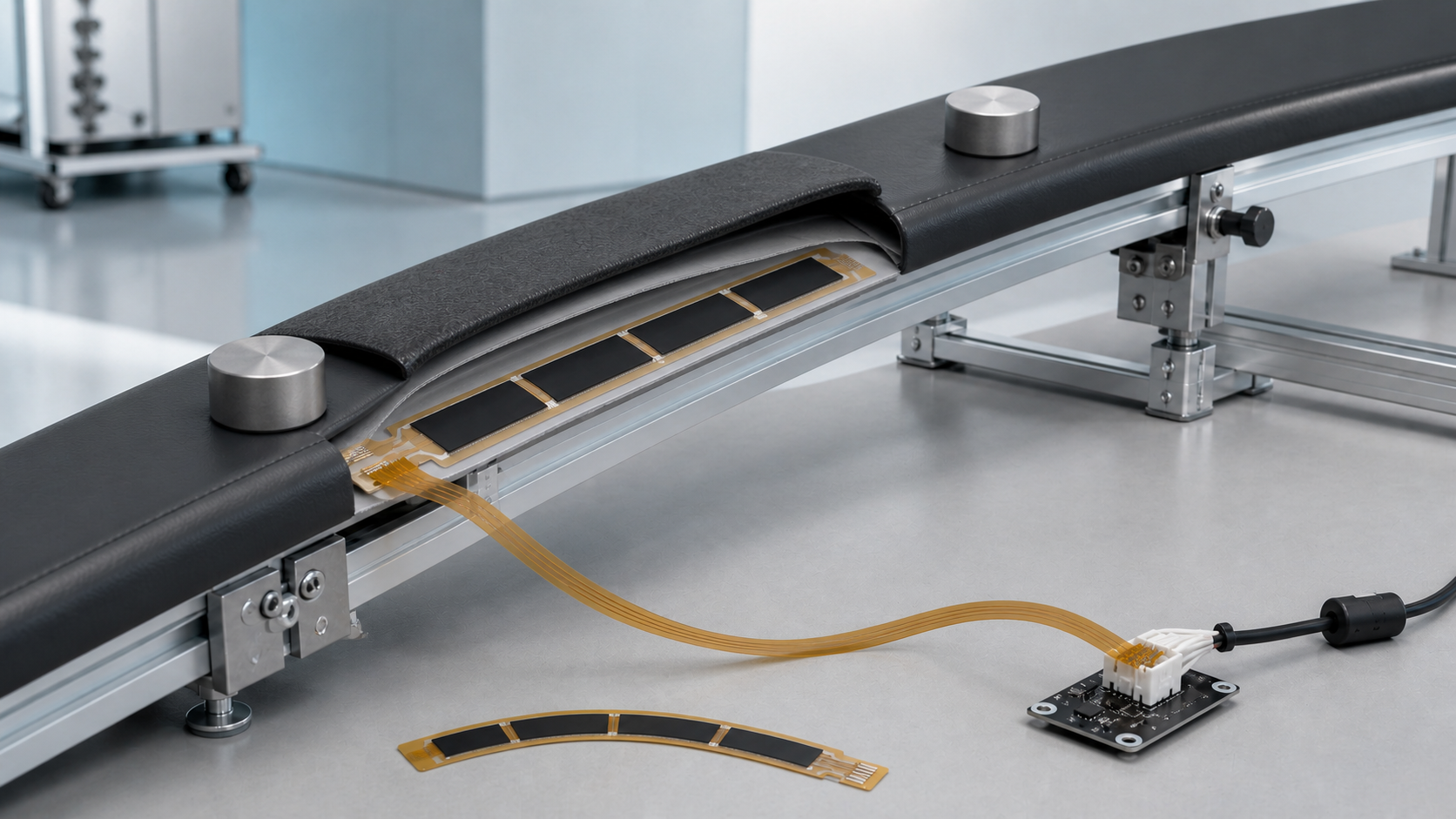 Engineering application scene showing a long flexible pressure-sensing strip installed in a curved support rail with four sensing zones, tail and connector