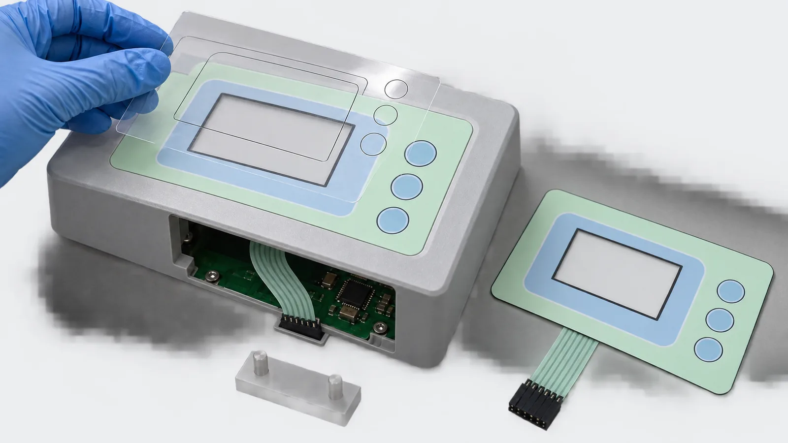 Generated engineering illustration of a medical-style control-panel revision film aligned over three blank keys with the full tail and connector visible