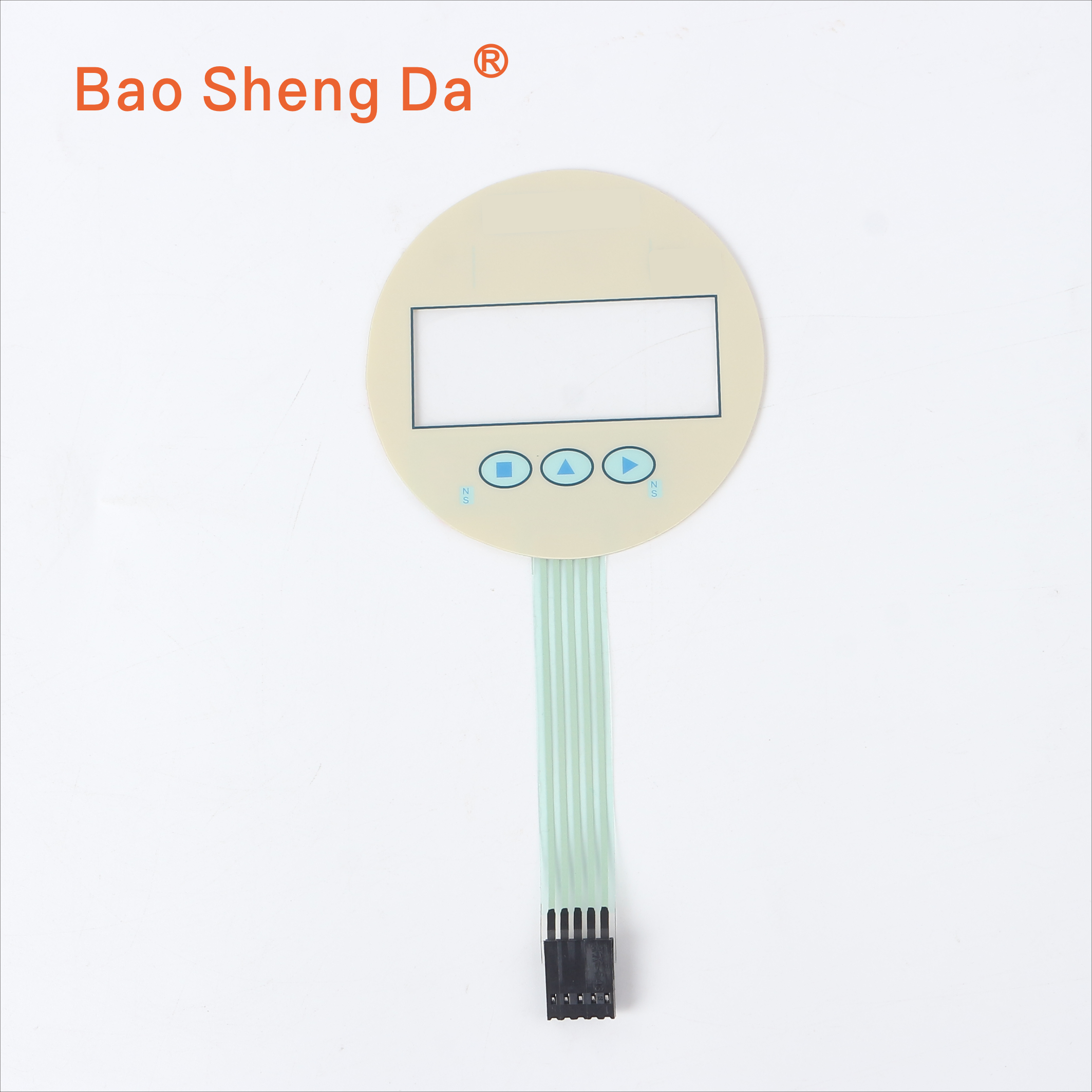 Complete Baoshengda graphic overlay sample with display window, button icons, flex tail, connector and owned logo