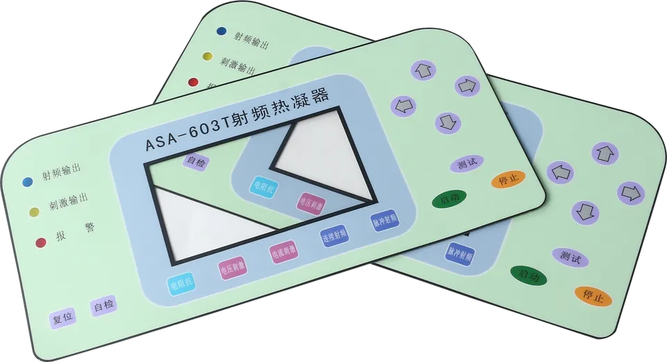Medical control-panel overlay samples with display windows, status indicators, navigation keys and separate start and stop controls