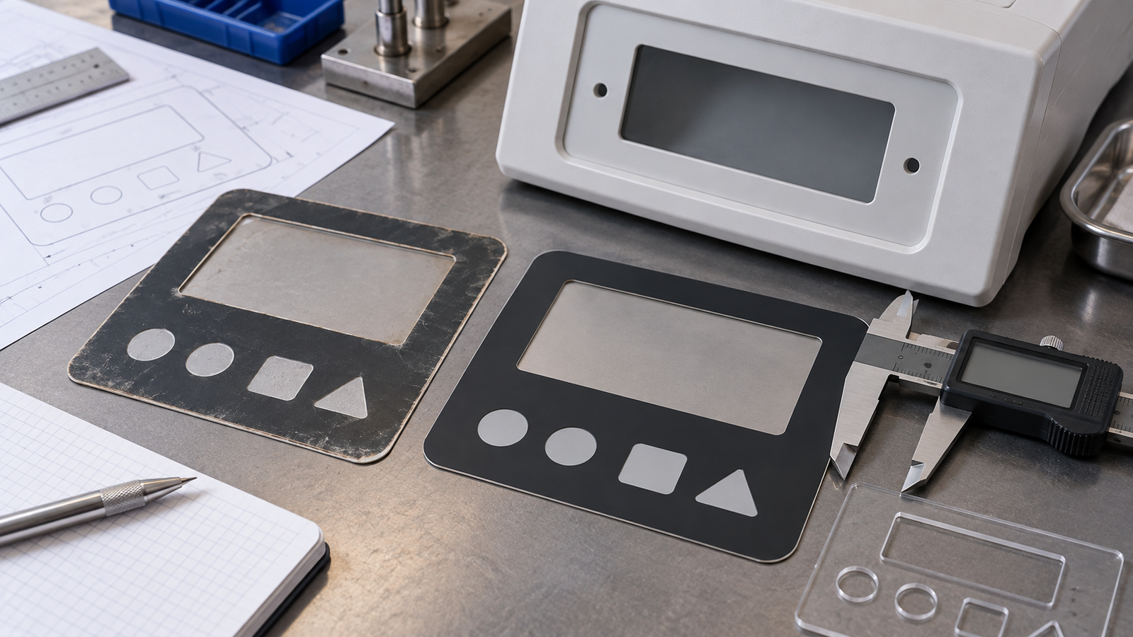 Generated engineering scene comparing a worn and clean graphic overlay beside a generic enclosure while a caliper supports replacement sample review