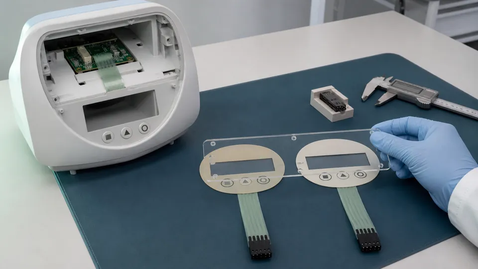 Engineering scene showing two medical-equipment membrane HMI samples, complete tails, connectors and a clear datum template during supplier-transfer review