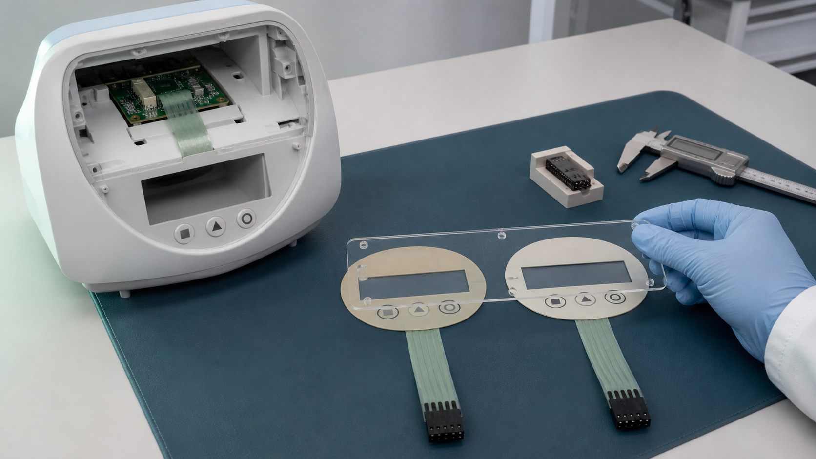 Engineering scene showing two medical-equipment membrane HMI samples, complete tails, connectors and a clear datum template during supplier-transfer review
