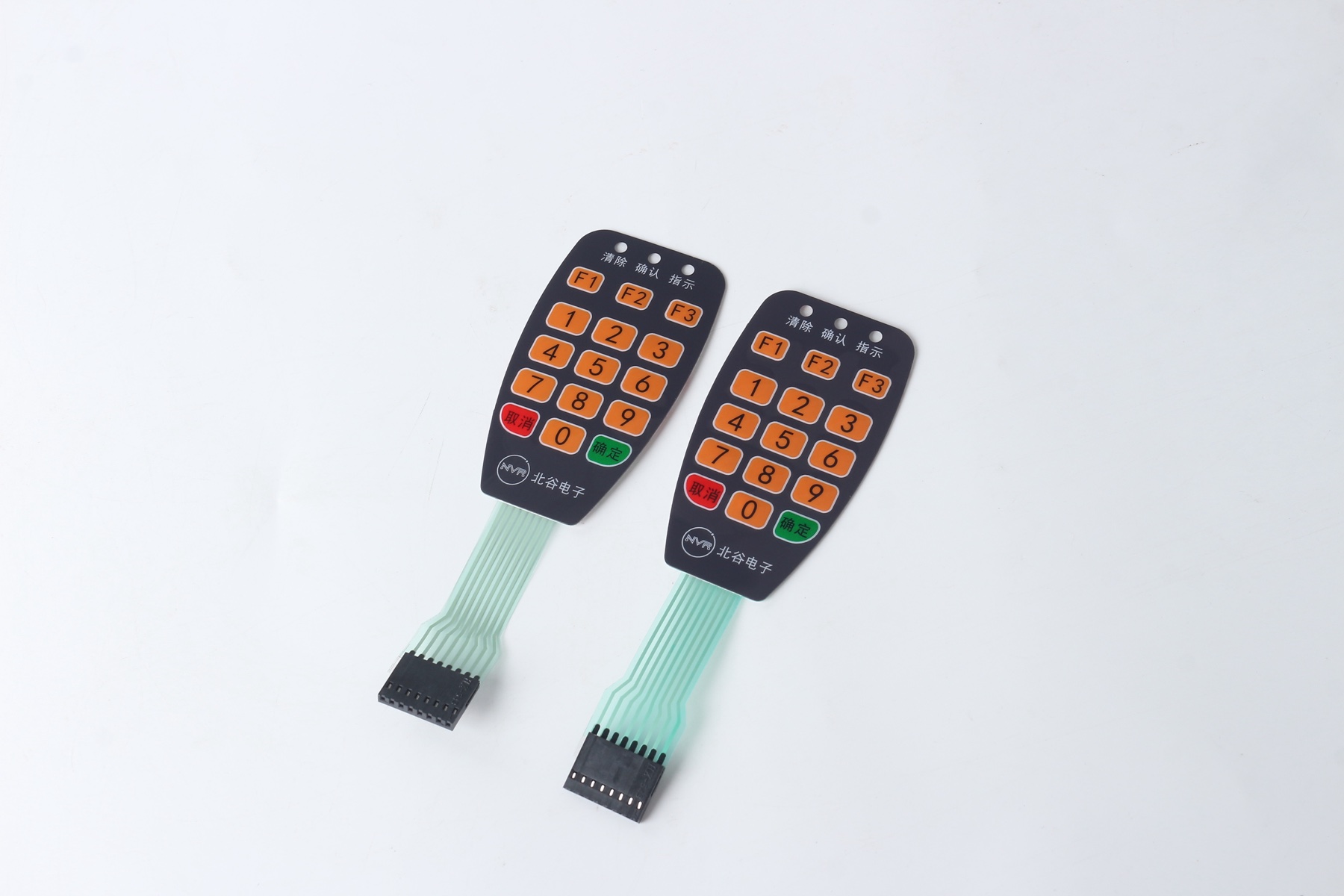 Custom membrane switch keypad samples with printed buttons, flexible tail circuits, and connectors for production approval