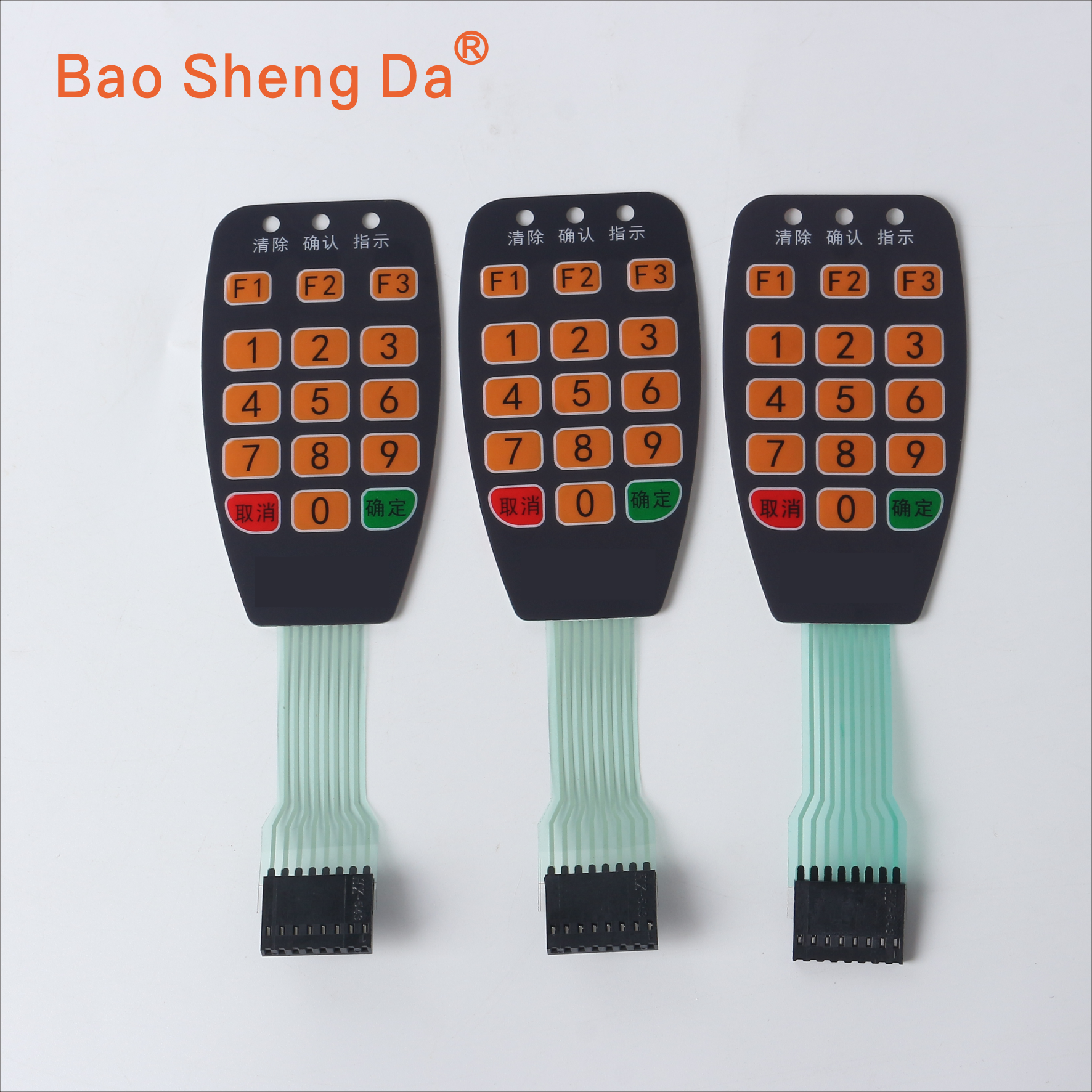 Three complete membrane switch panels with key rows, flexible tails and connectors