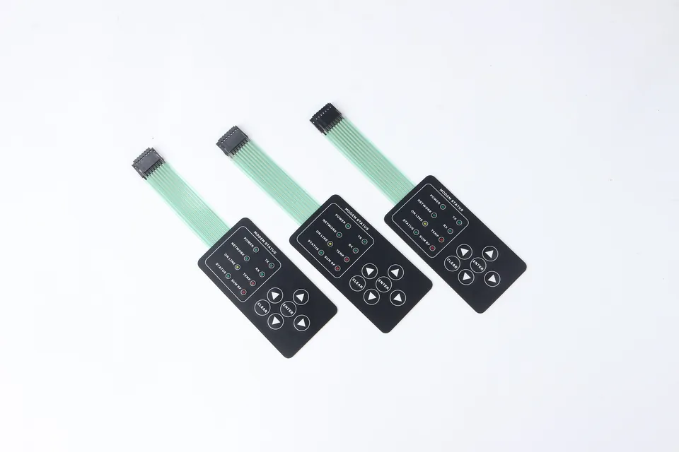 Three complete membrane switch panels with full flexible tails and black multi-position connector housings