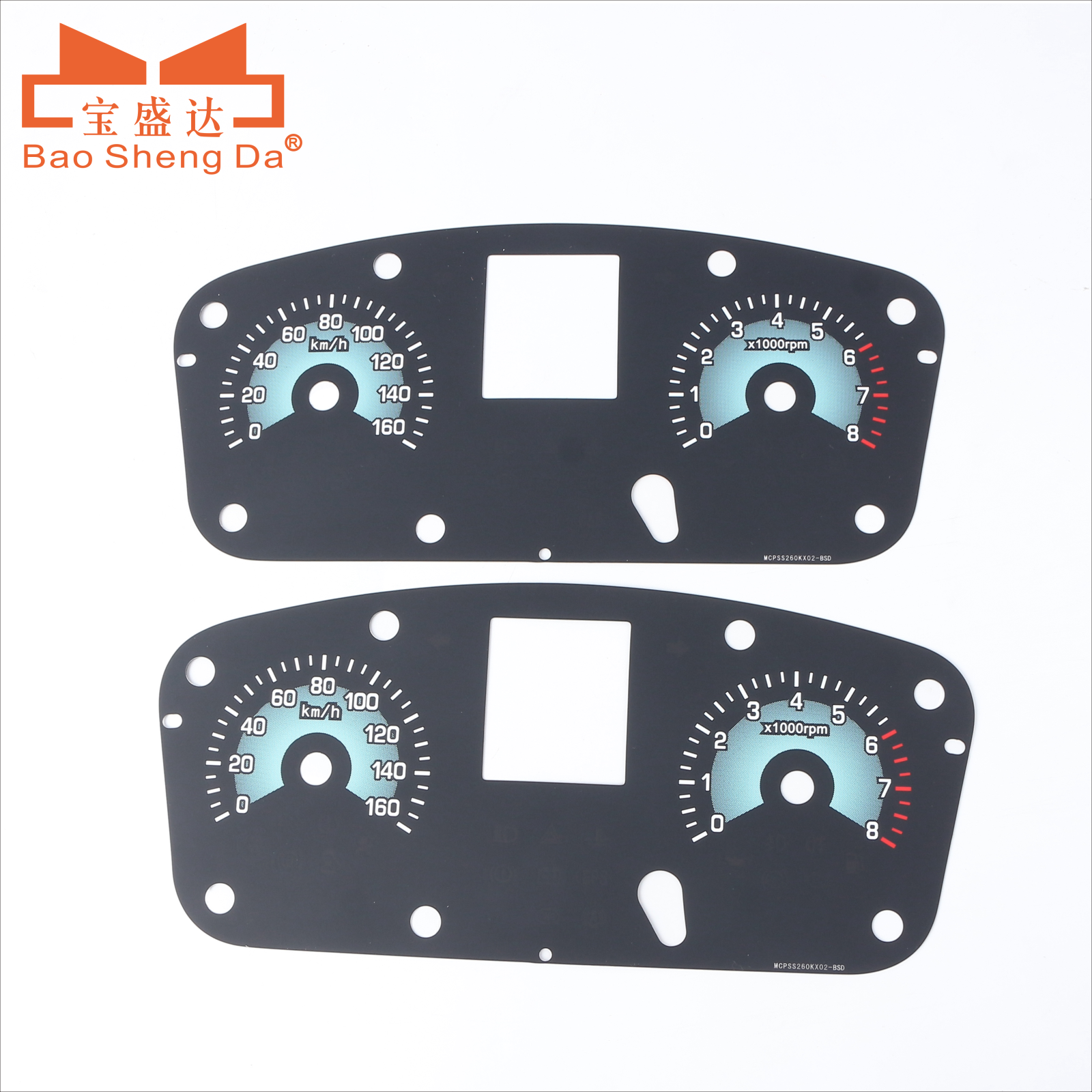 Engineering product image of two complete automotive instrument overlays with display windows, gauge artwork and mounting apertures for cockpit RFQ review