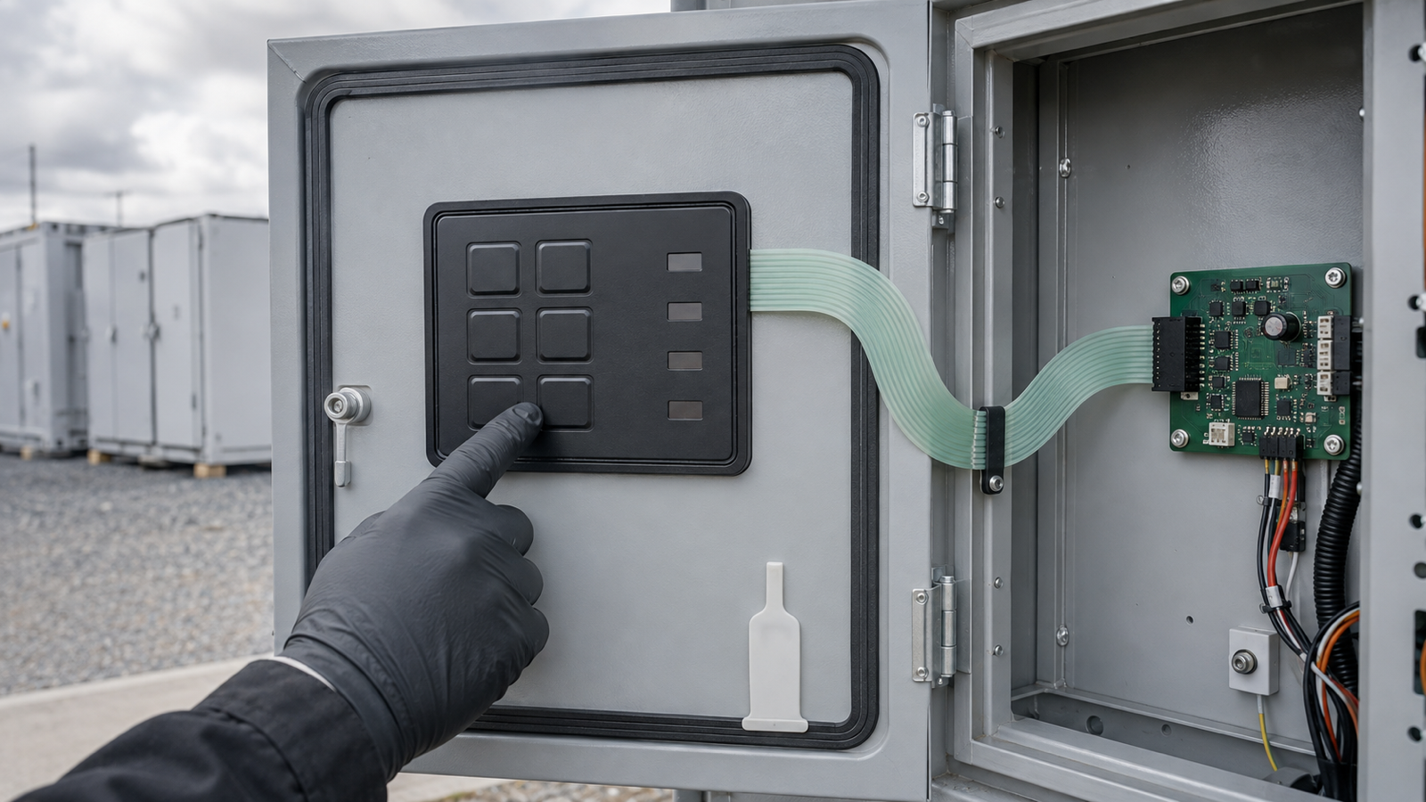 Engineering application scene of a mounted BESS service-panel keypad sample with gasket, flexible tail and connector visible