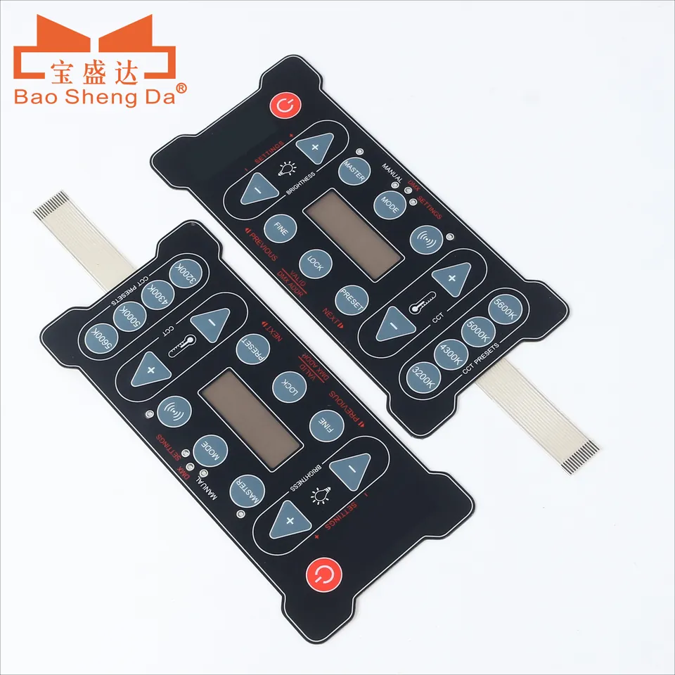 Two complete control panels with display areas, fixed keys and flexible tails with exposed contacts
