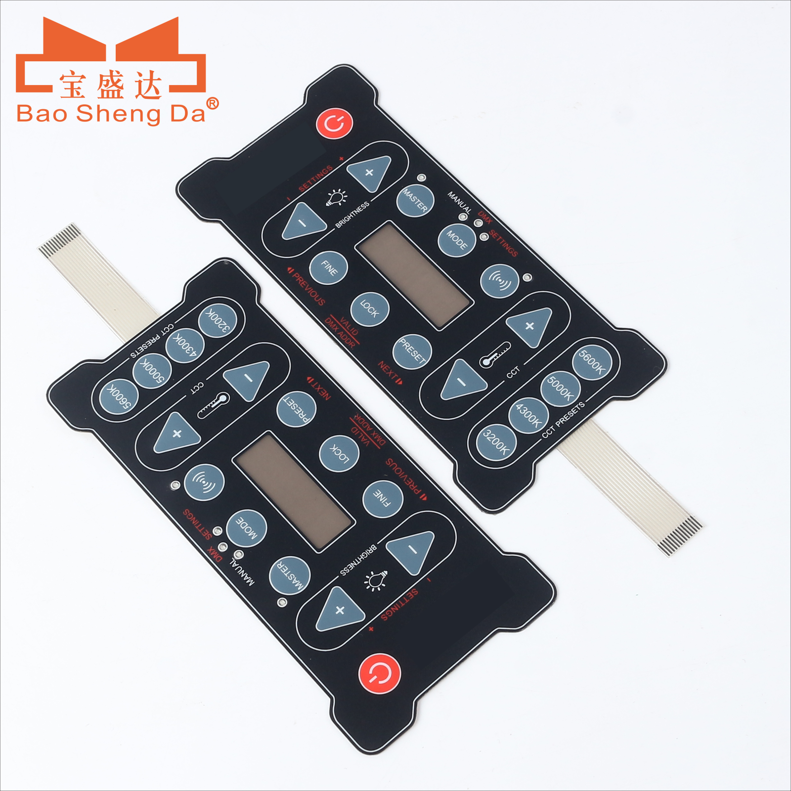 Two complete control panels with display areas, fixed keys and flexible tails with exposed contacts