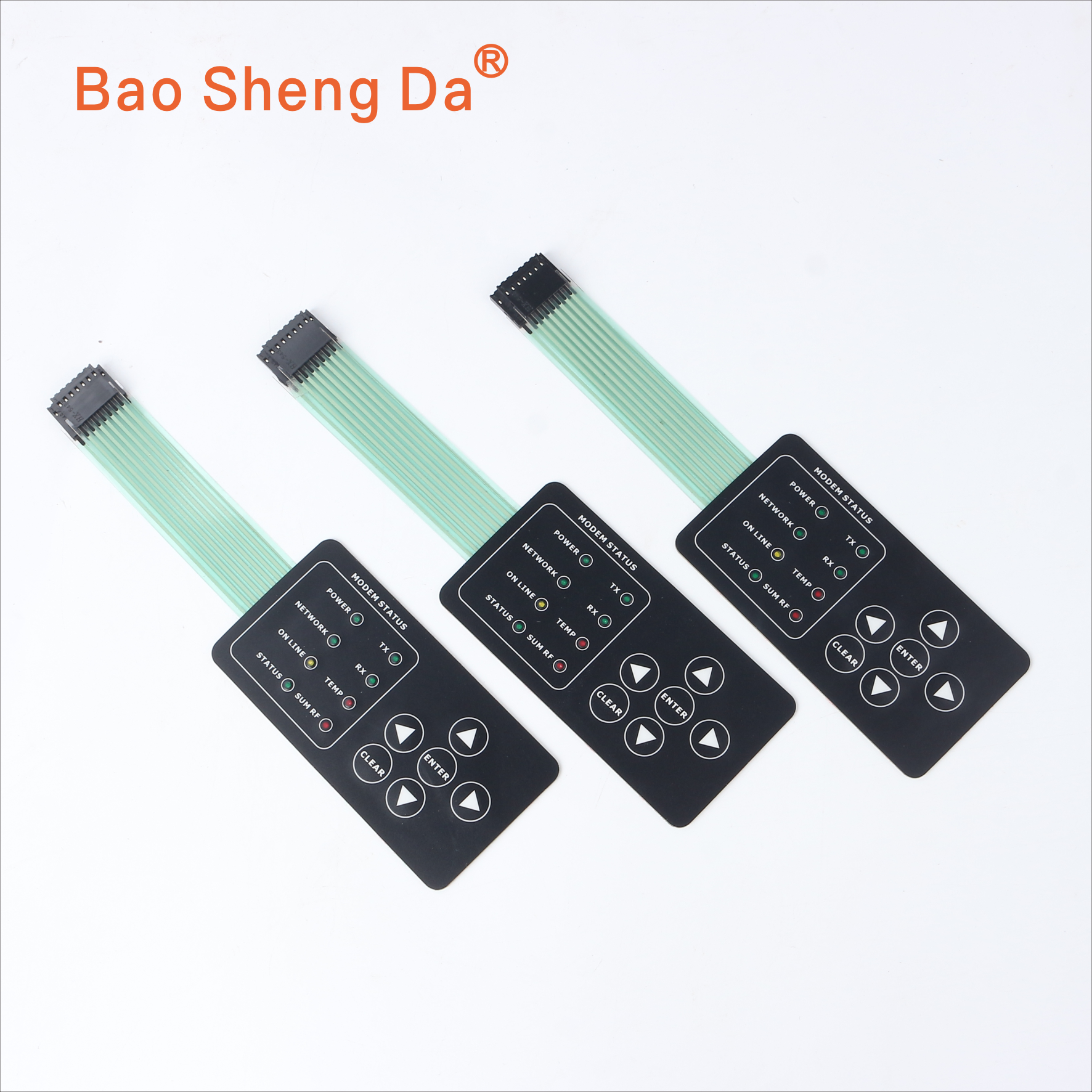 Complete original Baoshengda backlit membrane switch keypad samples with LED indicator zones, button areas, flex tails, connectors and owned logo