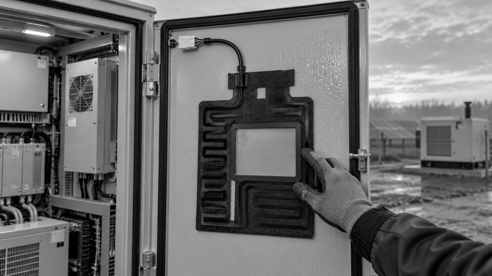 Generated engineering scene of a flexible heating film mounted around a blank control window on an open outdoor energy-storage cabinet door