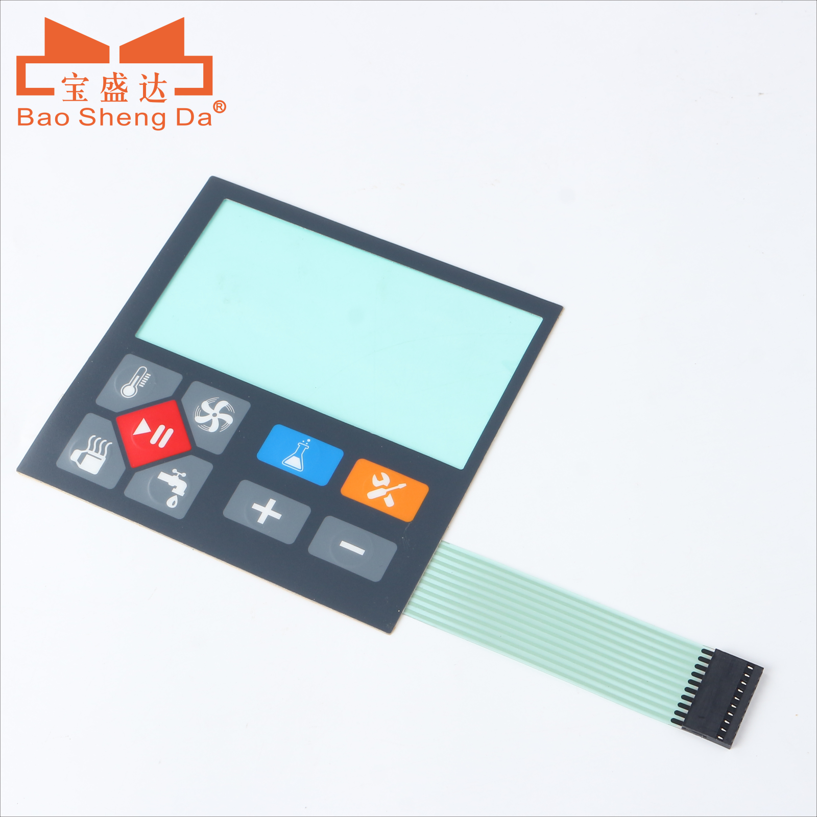 Complete membrane-switch sample with display window, separate key field, full flexible tail and connector