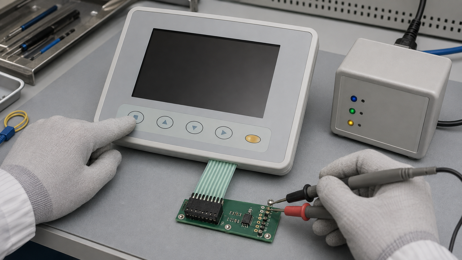Engineering scene of a patient-monitor membrane keypad continuity check beside a separate service-state module
