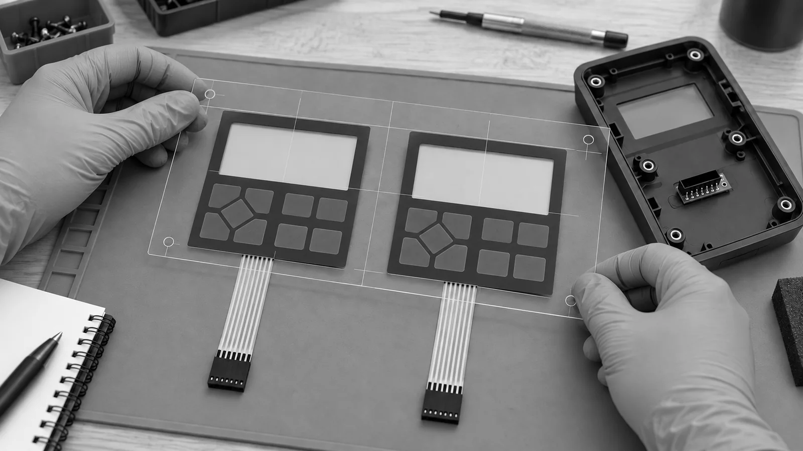 Generated engineering scene comparing two membrane-keypad service-spare samples under a transparent datum template beside an open controller housing