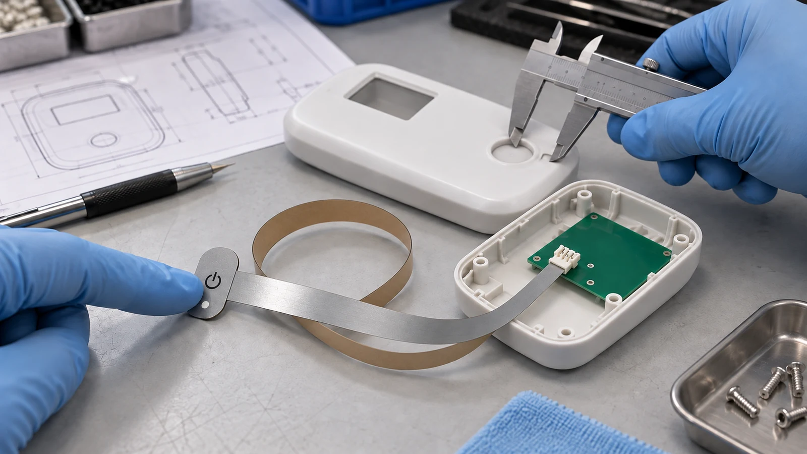 Engineering sample-review scene with a one-button membrane pad, flat tail and PCB connector beside a portable controller shell recess