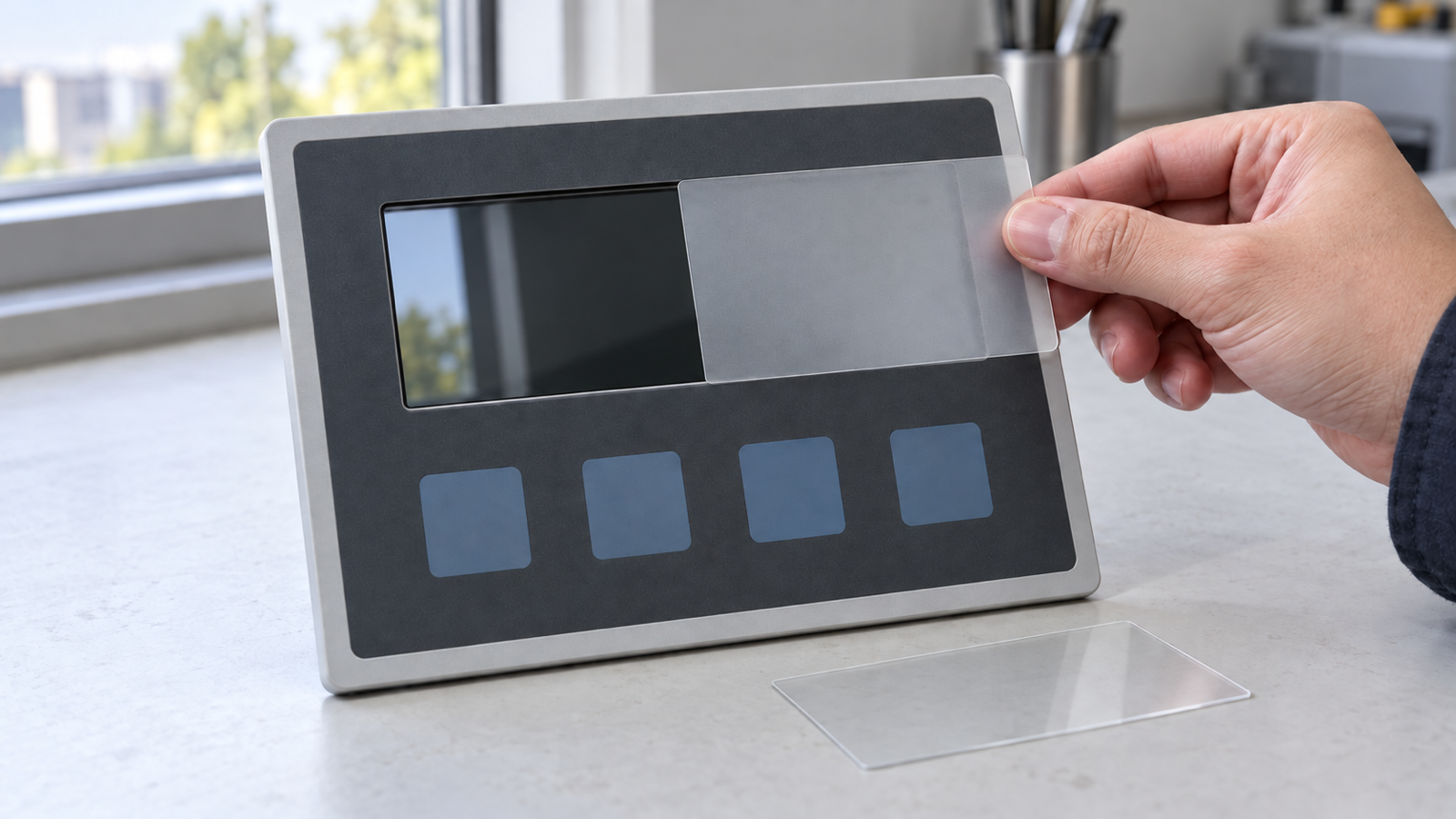 Engineering scene of a graphic overlay on a display bezel, with a hand-held matte coupon illustrating a separate window-finish discussion.