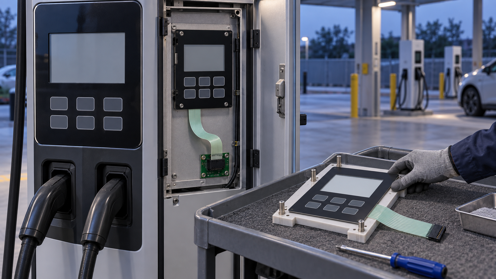 Generated engineering service scene comparing installed and replacement public EV charger front-panel interface packages