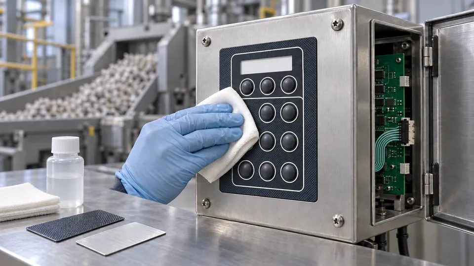 Generated engineering scene of a gloved damp-wipe review on a mounted industrial membrane keypad with an internal flexible tail and connector