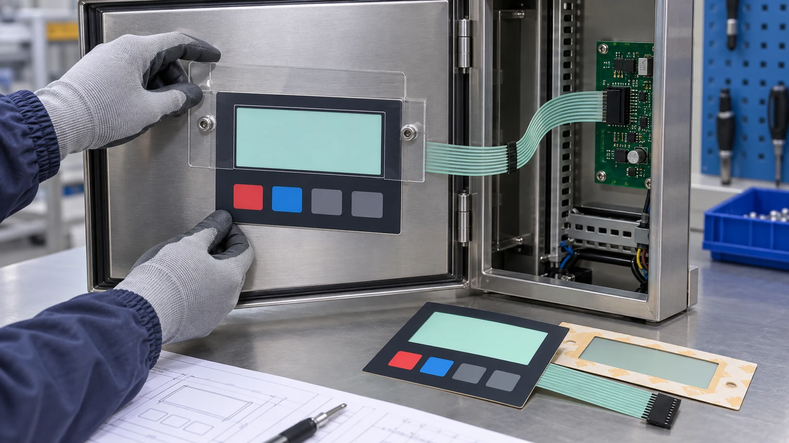 Generated engineering scene of a refrigeration control-panel retrofit aperture check with a complete tail and connector visible inside an open enclosure