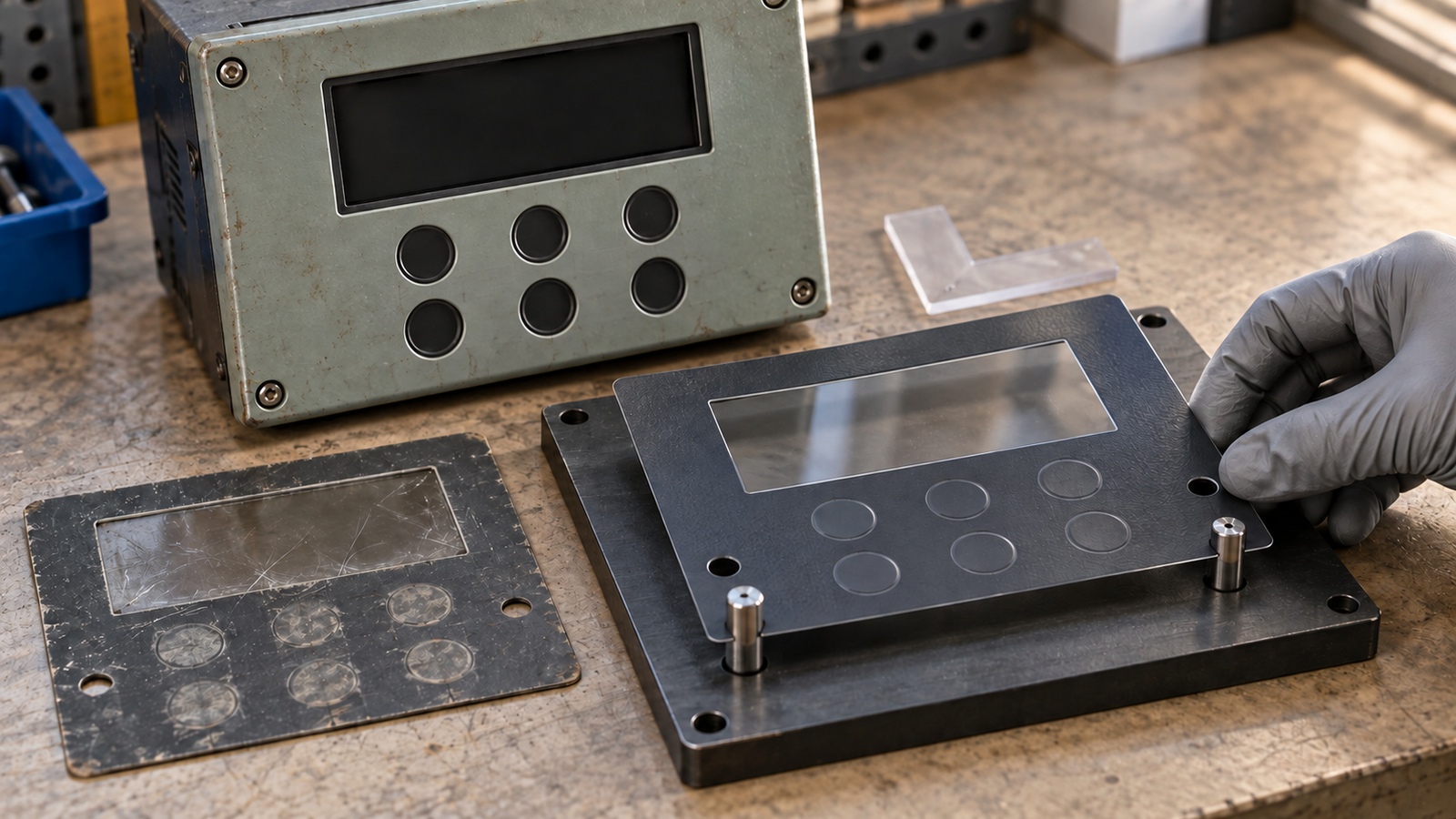 Generated engineering scene showing a clean replacement graphic overlay aligned on a fixture beside a worn industrial HMI faceplate