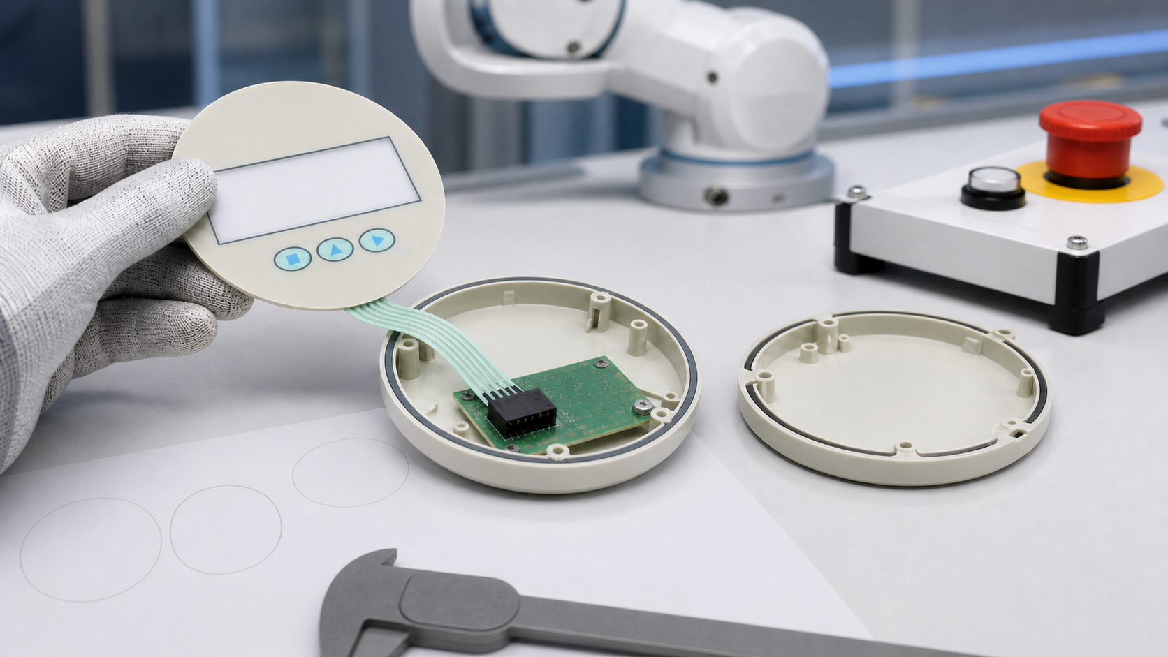 Engineering scene reviewing a rehabilitation robot hand-controller HMI sample, flexible tail and separate safety-stop hardware