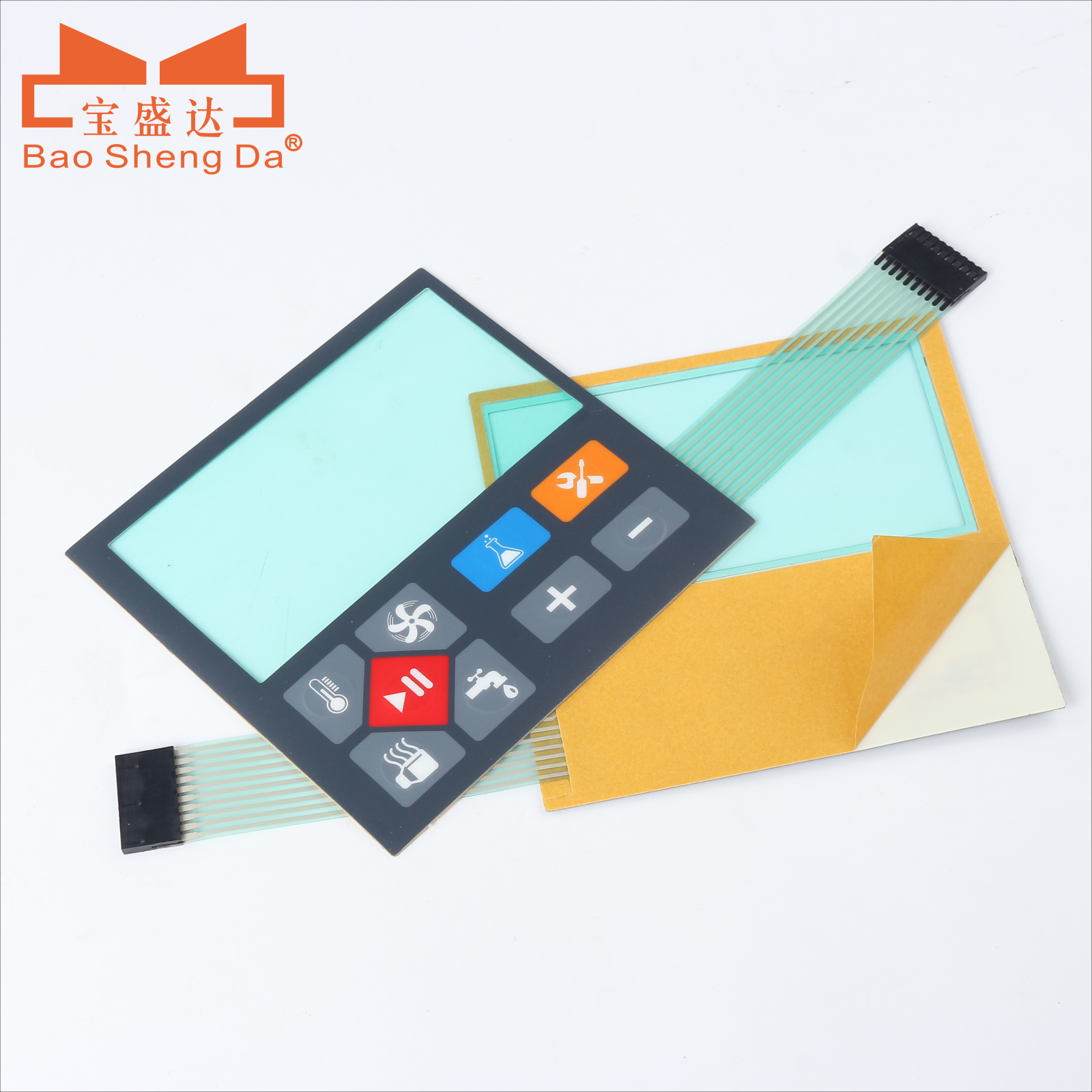 Two complete industrial HMI membrane panels with display windows, separate colored function keys, flexible circuit tails and connectors
