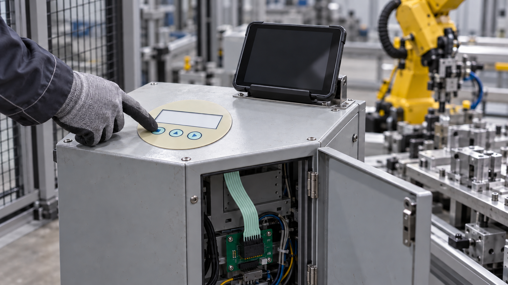 Engineering application scene showing an auxiliary robot-cell membrane keypad, separate tablet and visible flat-tail PCB connection