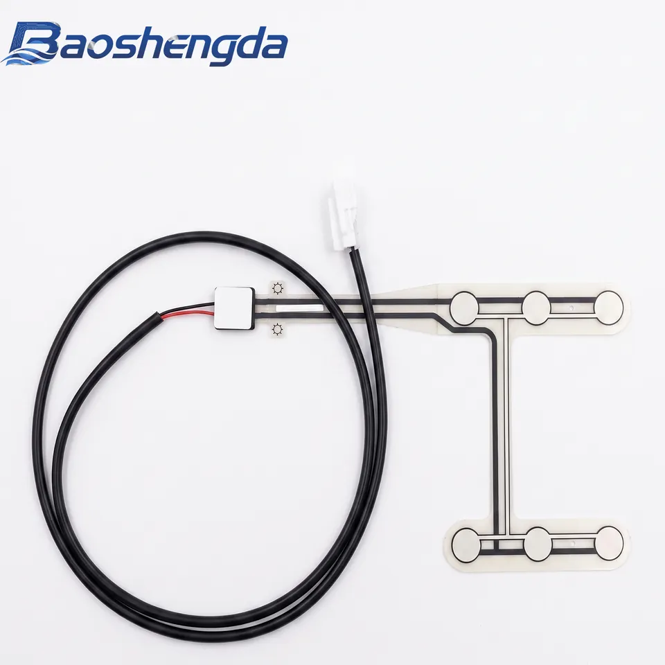 Complete multi-zone FSR pressure sensor with six circular sensing zones, printed traces, cable and connector
