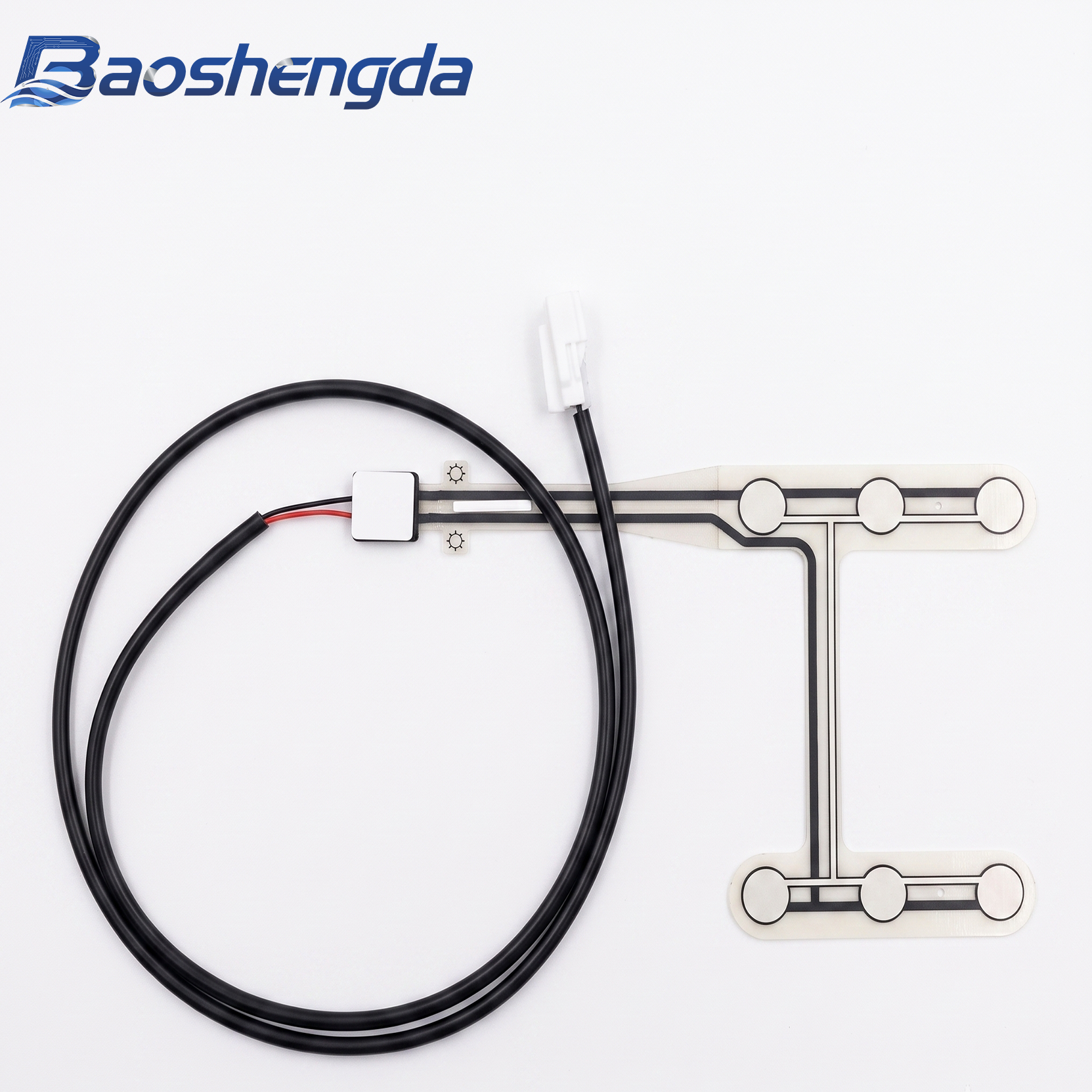 Complete multi-zone FSR pressure sensor with six circular sensing zones, printed traces, cable and connector