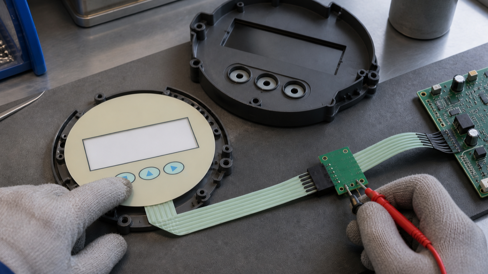 Engineering scene of a robot operator-panel membrane keypad contact check with its full flexible tail and controller connection visible