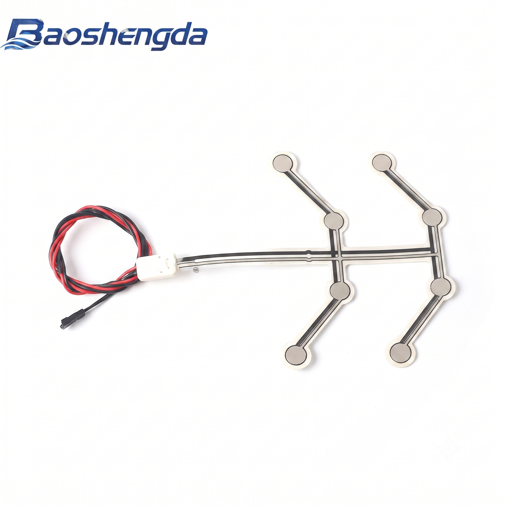 Baoshengda sample with six circular sensing regions, branching printed paths, full tail, lead wires and connector; independent channels are not established by the photo.
