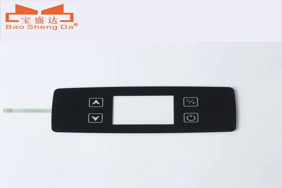 Complete original Baoshengda product image showing an HMI touch panel, display window, four fixed keys and full flex tail