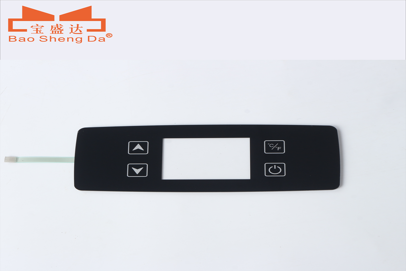 Complete original Baoshengda product image showing an HMI touch panel, display window, four fixed keys and full flex tail
